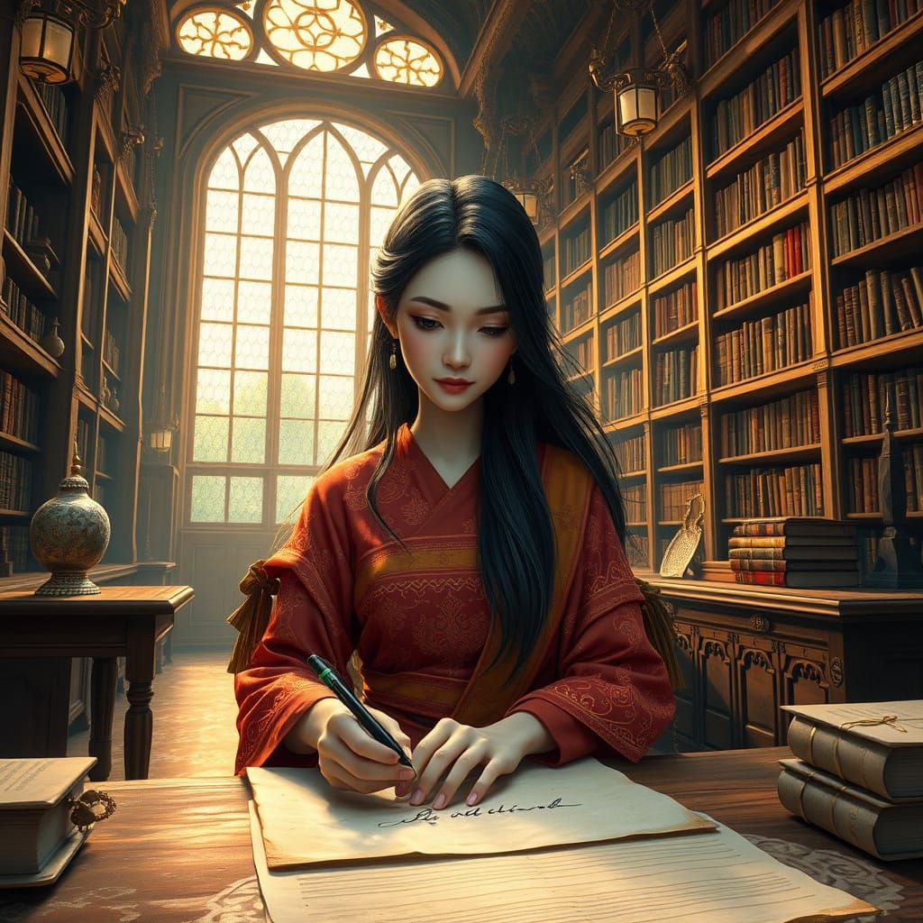 Mystical Thai Goddess in Enchanted Library