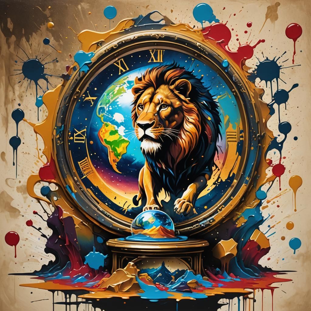 Lion Silhouette Watches Earth in Graffiti Art Style