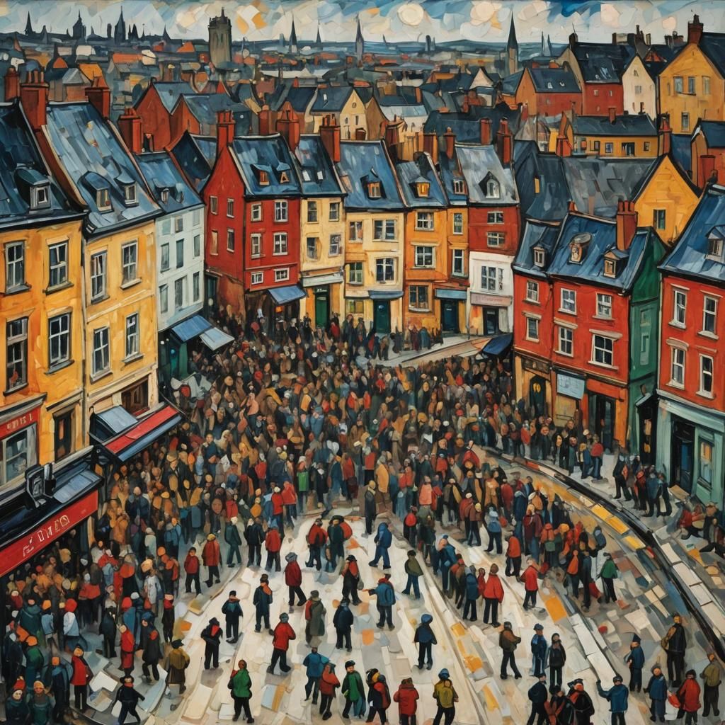 Cityscape Protests in Expressionist Impasto Style