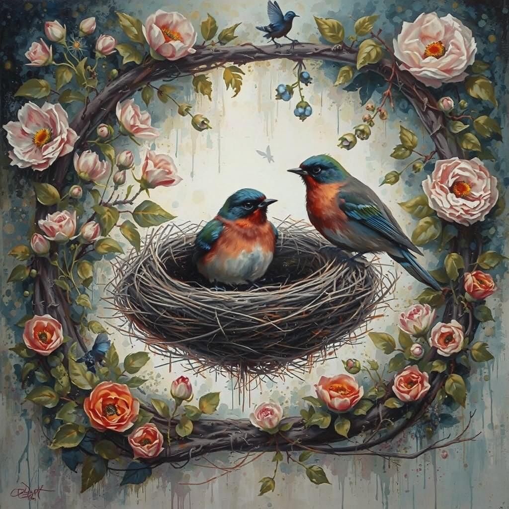 Vibrant Bird on Wildflower Nest in Layered Style