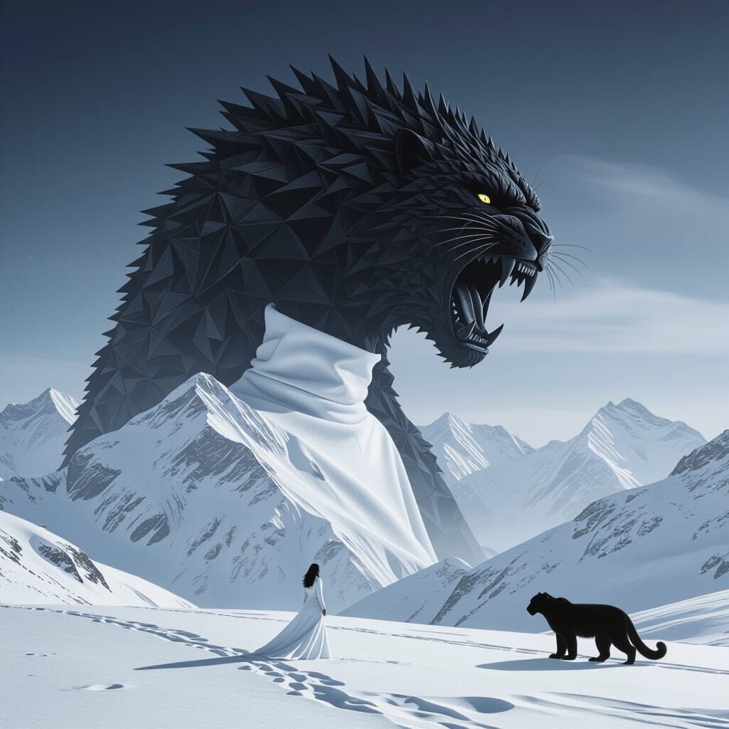 Abstract Death Metal Landscape with Snowy Mountain and Leopa...