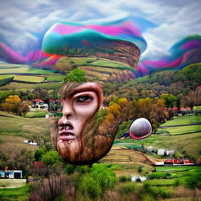 Psychedelic Giant Face Levitating Over Landscape