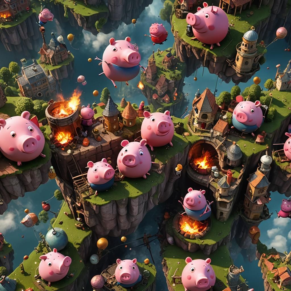 Cartoon Pig's Destructive Rampage in Matte Painting Style