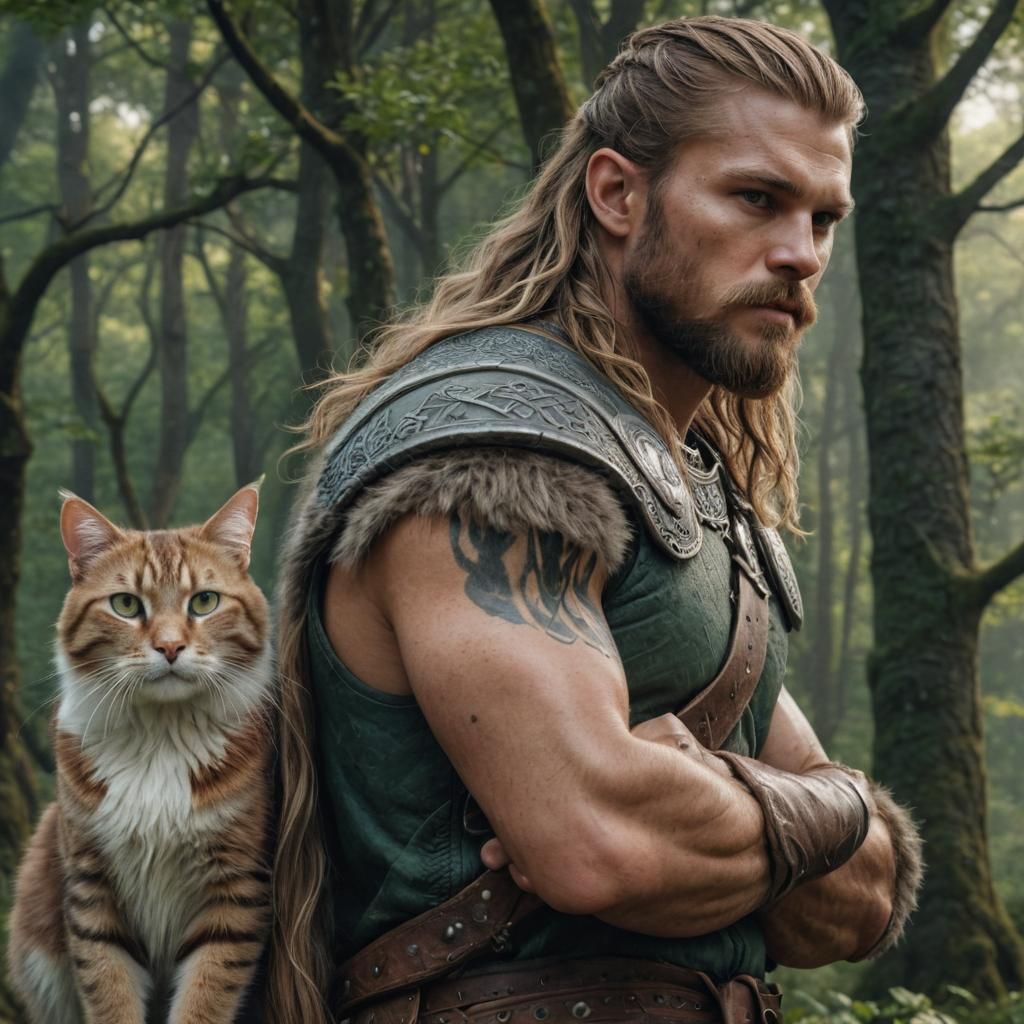 Viking Warrior with Cat in Detailed Matte Painting