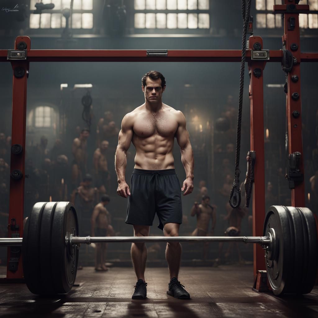 Shirtless Man Sweating in Gym: Detailed Matte Painting