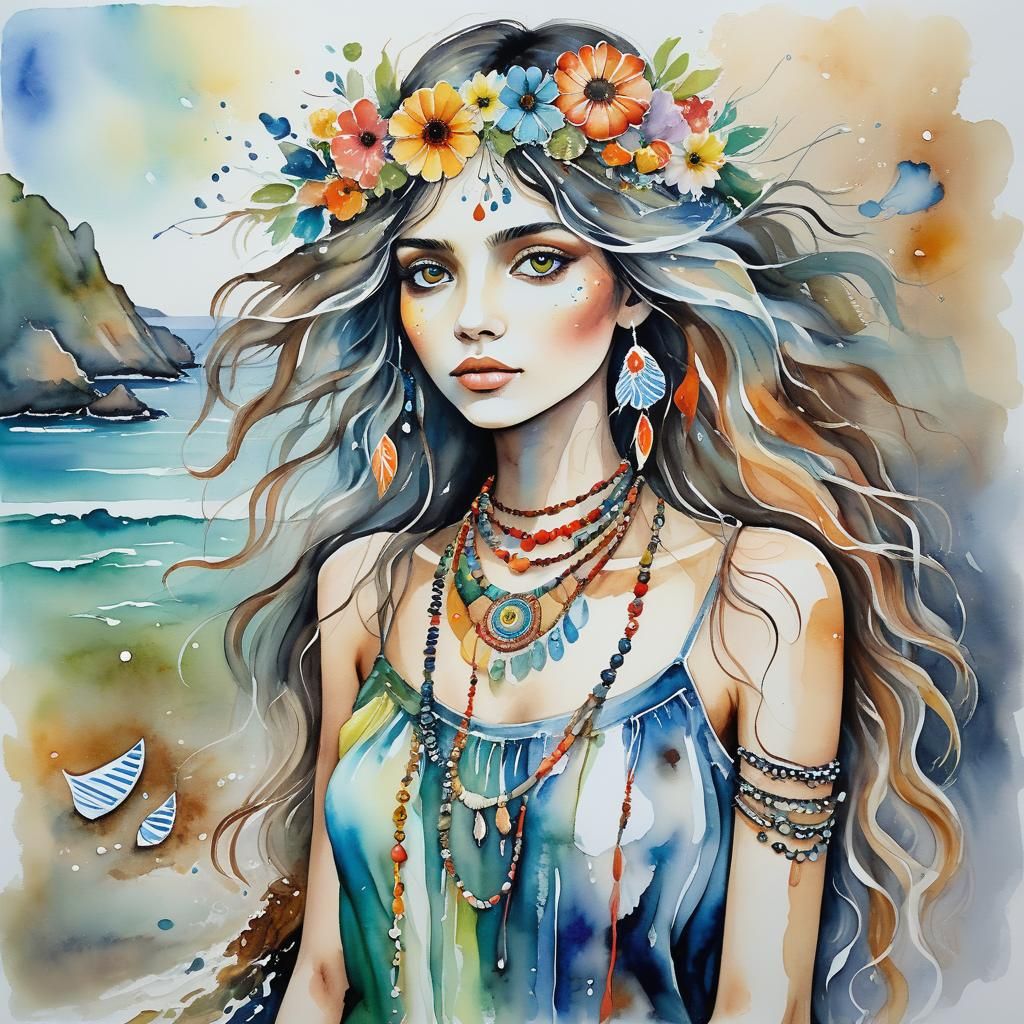 Bohemian Woman on Serene Beach in Acrylic and Watercolor