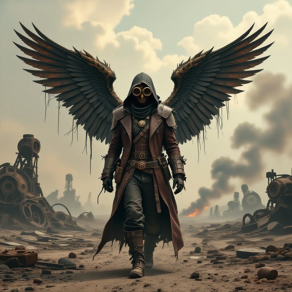 Steampunk Angel Wanderer in Desolate Wasteland