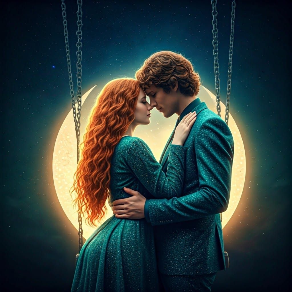 Romantic Couple on Moon Swing in Dreamlike Style