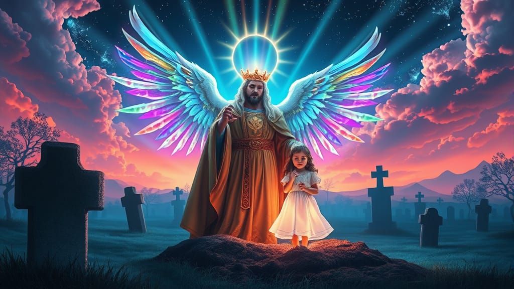 Archangel Rescues Girl from Grave in Psychedelic Style