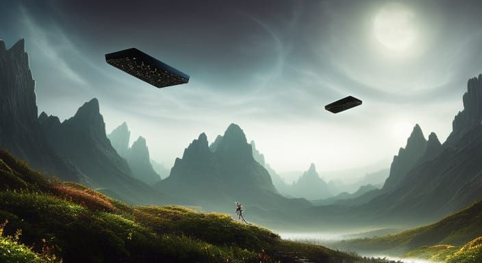 Floating Obsidian Crystal in Ethereal Landscape