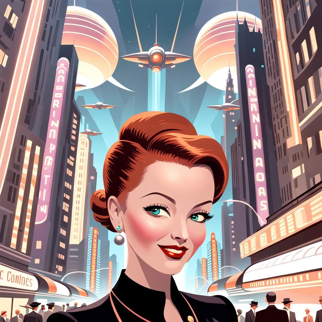 Retrofuturistic Cityscape in 1940s Art Deco Style