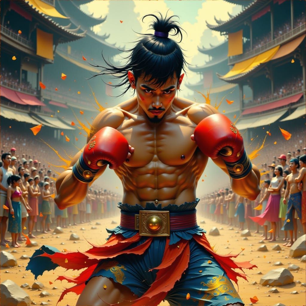 Dynamic Muay Thai Kick in Stadium, Cinematic Style