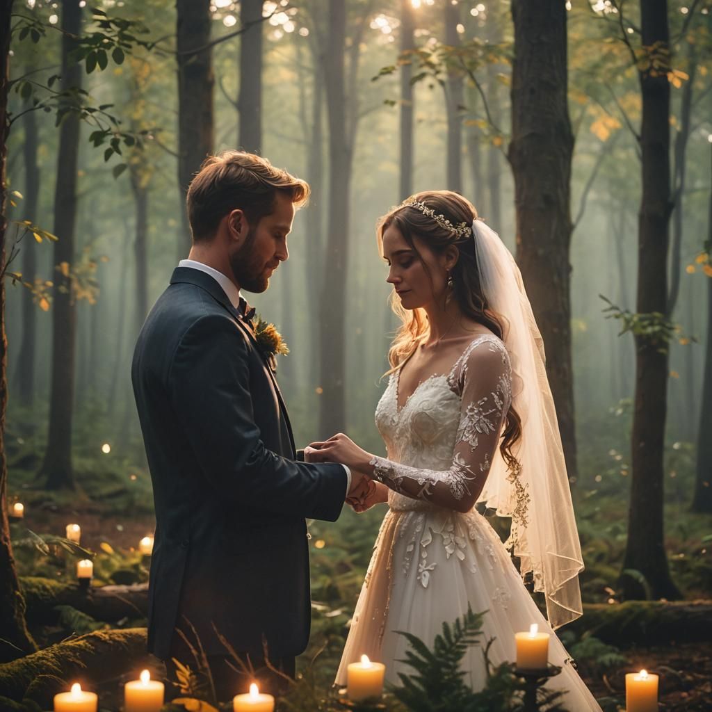 Bride and Groom Vows in Candlelit Forest