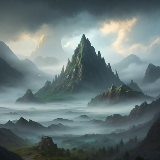 Mystical Village Under Towering Mountains: Oil Painting