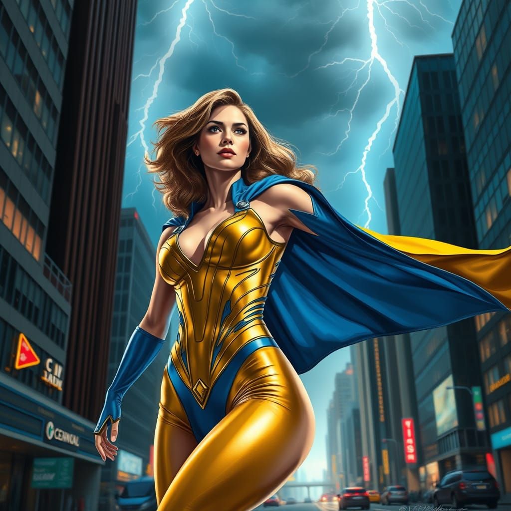 Dynamic Superwoman in Cityscape, Hyperrealistic Splash Art