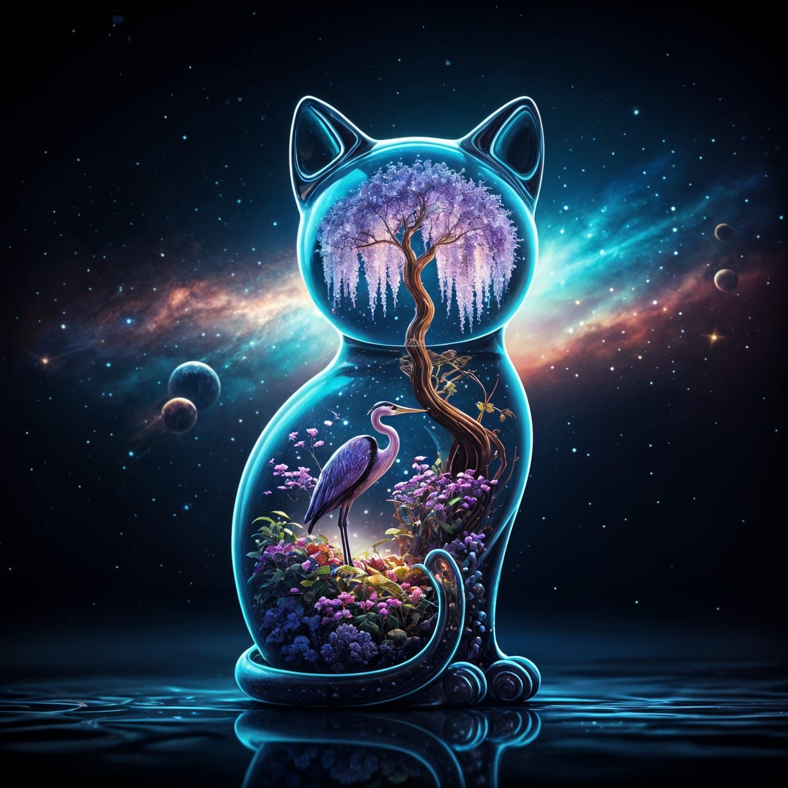 Elegant Glass Cat Containing a Vibrant Tree and Heron in Tri...