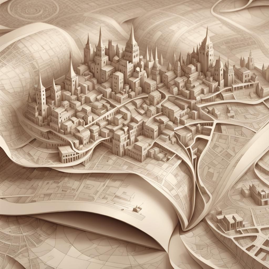 Pastel Monochrome City Map Illustration on Parchment