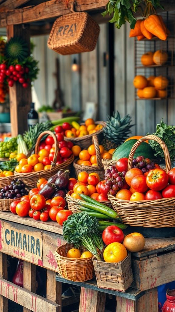 Vibrant Fruit & Veggie Stand in Alcohol Ink Style