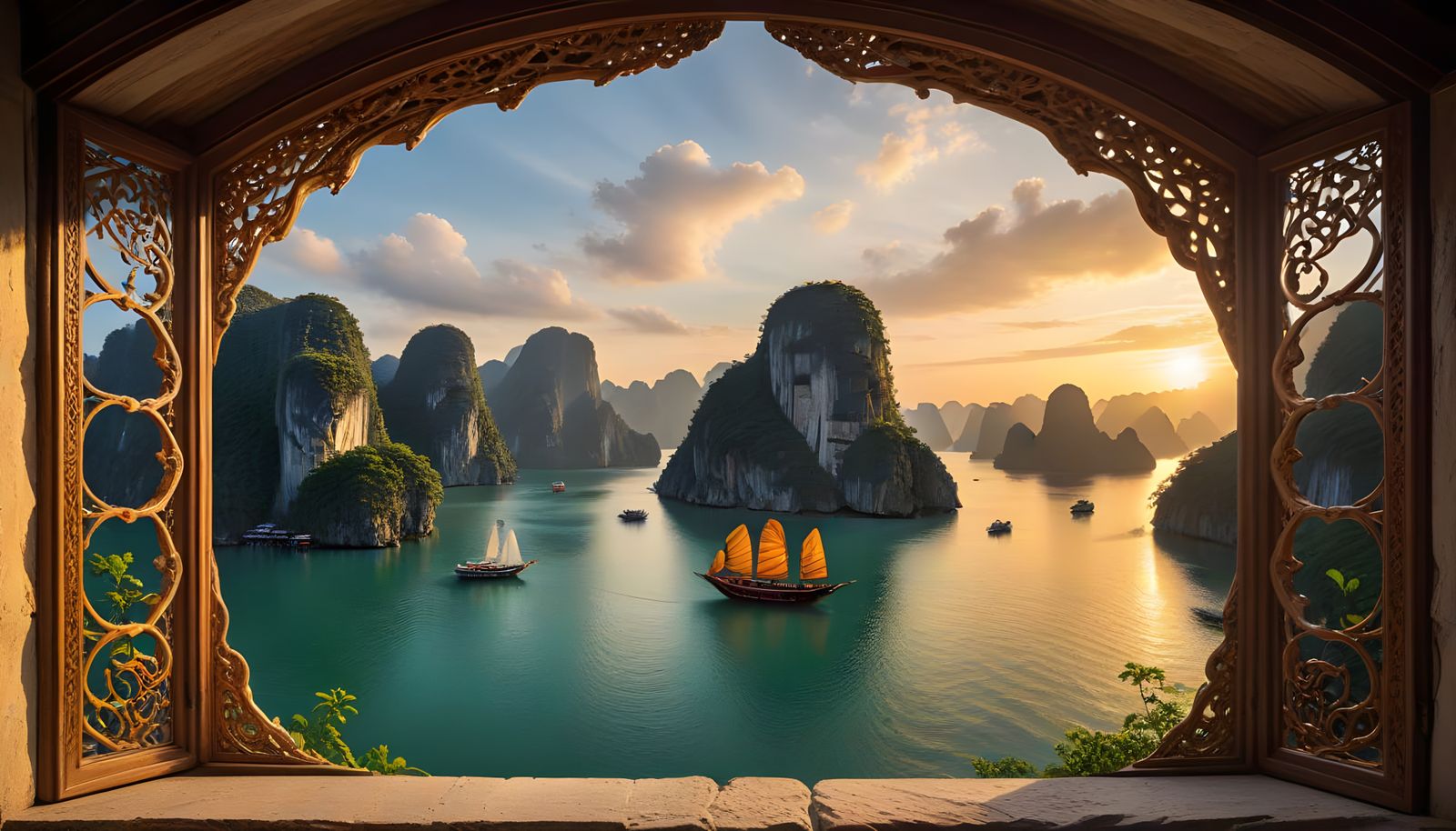 Ancient Wooden Window Frames Ha Long Bay Sunset