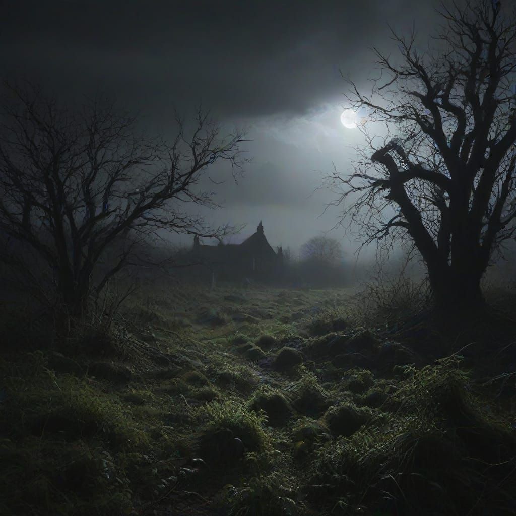 Gloomy Abandoned Garden on Stormy Night