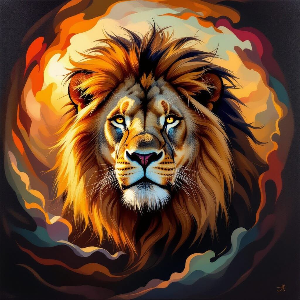 Majestic Lion Emerges From Abstract Vortex in Baroque Style