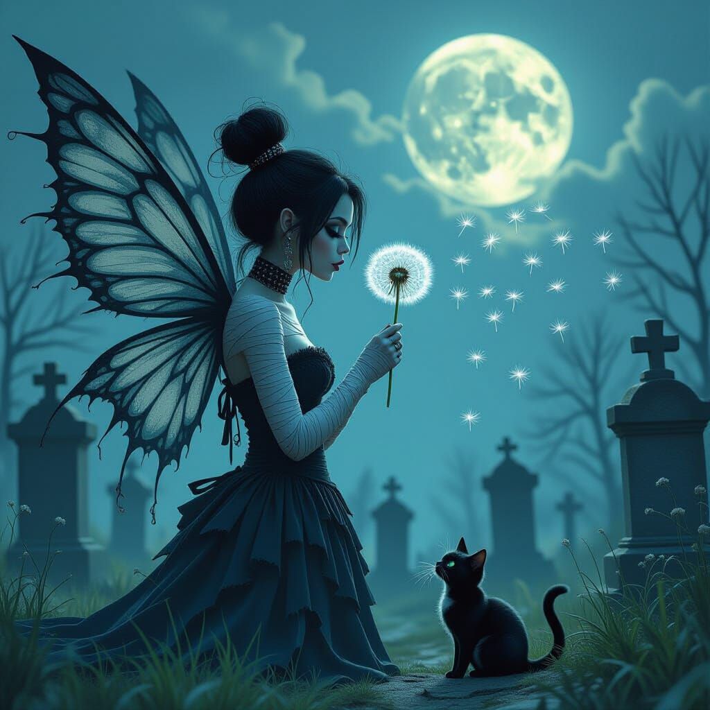 Gothic Fairy in Cemetery with Dandelion Seeds