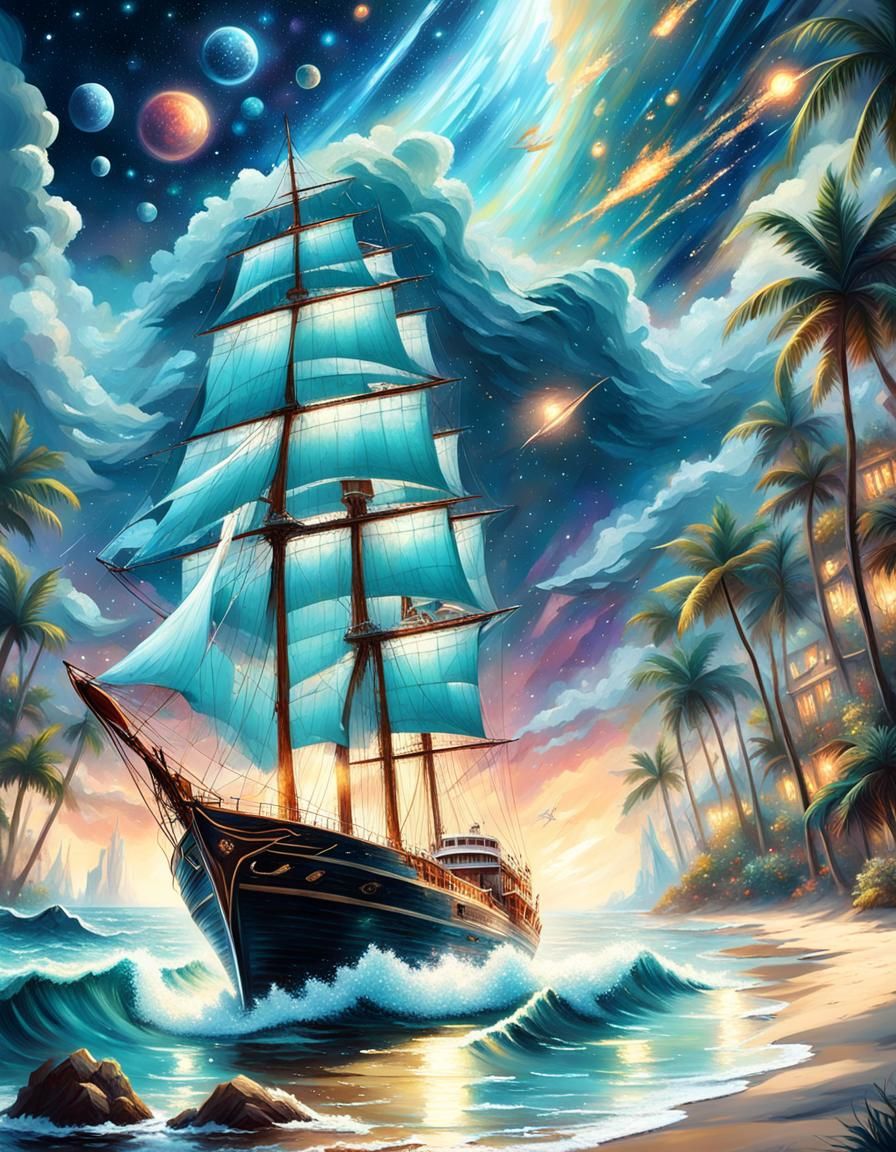 Glittering Starry Beach in Impressionist Style