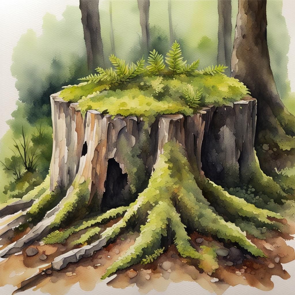 Watercolor Forest Landscape with Mossy Stump