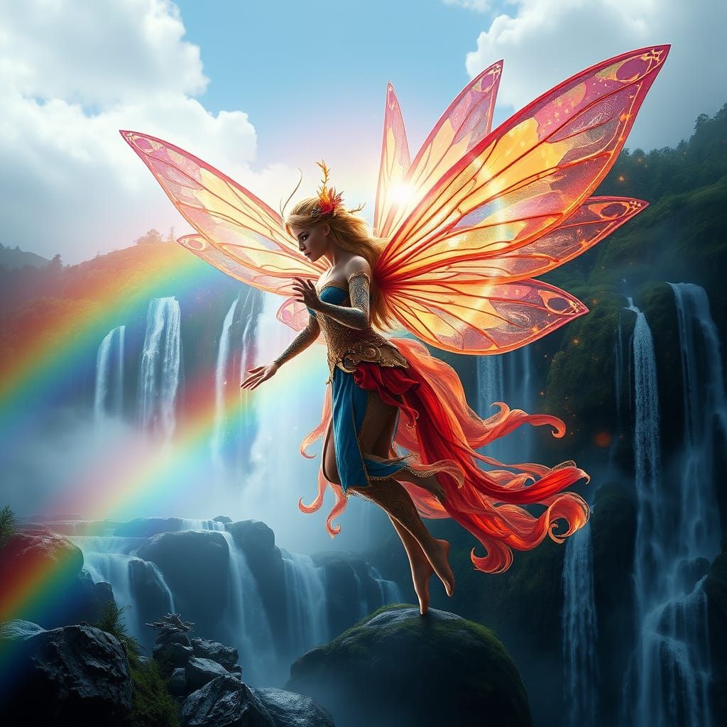 Enchanted Waterfall Fairy in Vibrant Double Exposure
