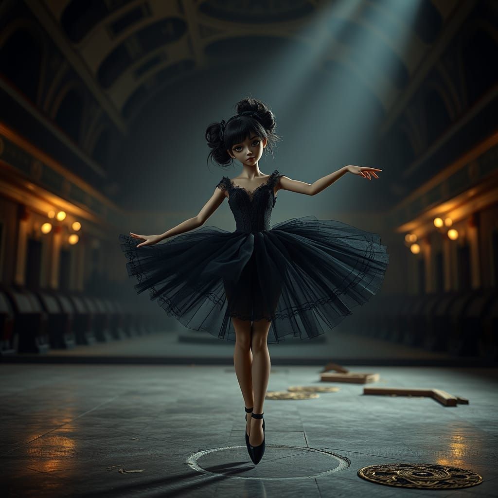 Hyperrealistic Gothic Ballerina BJD Doll in Abandoned Theate...