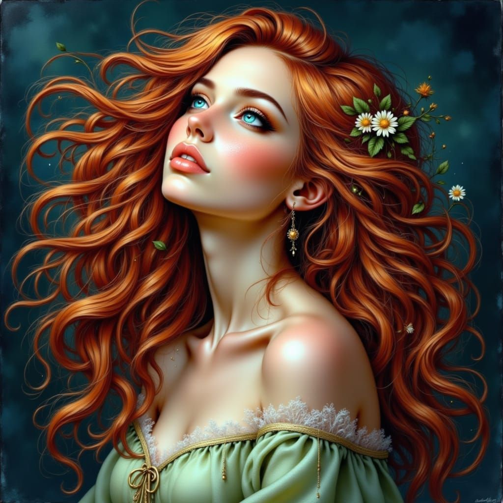 Flowing auburn locks cascade like around a woman's delicate ...