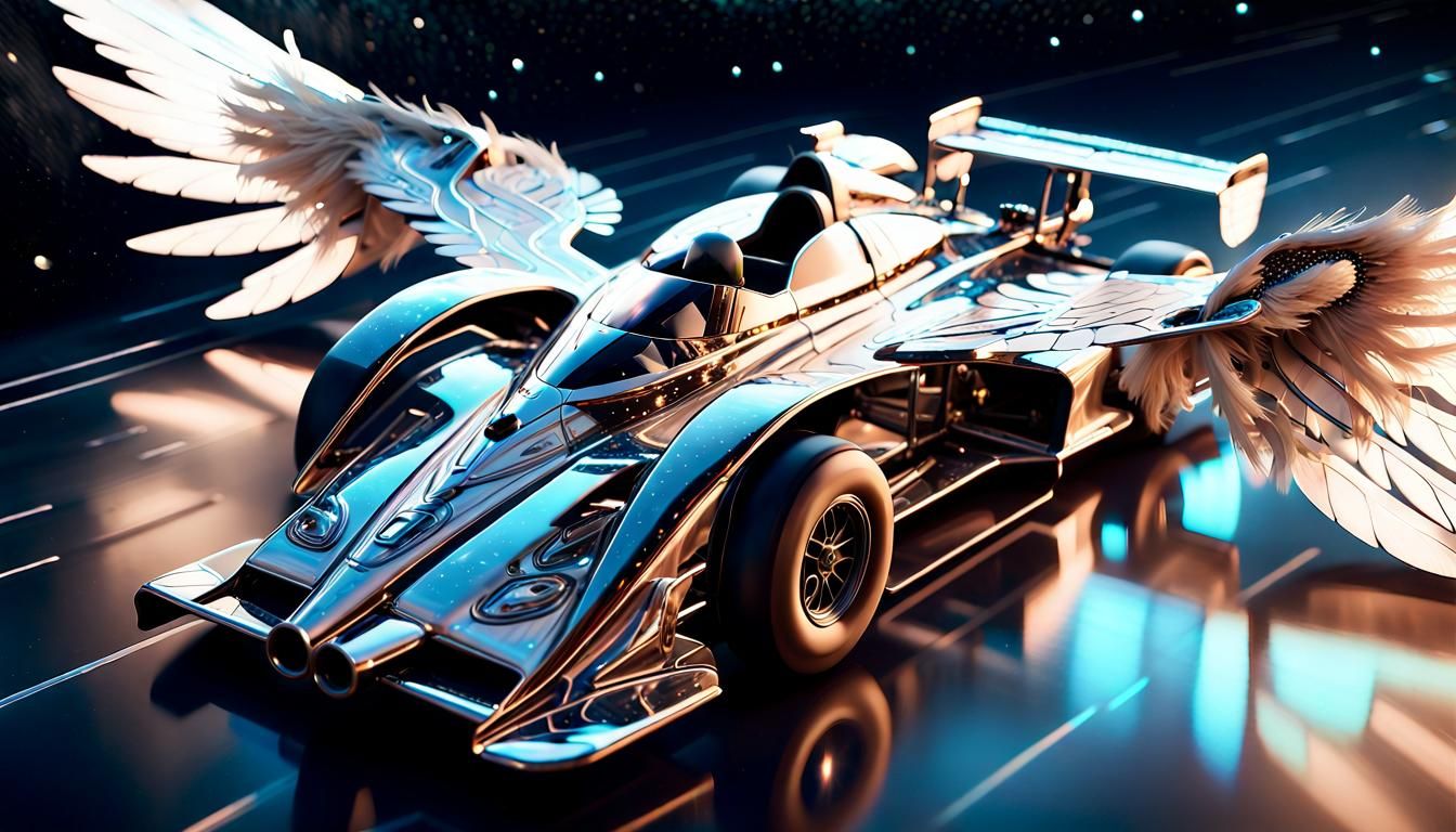 Racing Car with Angel Wings in Starry Sky