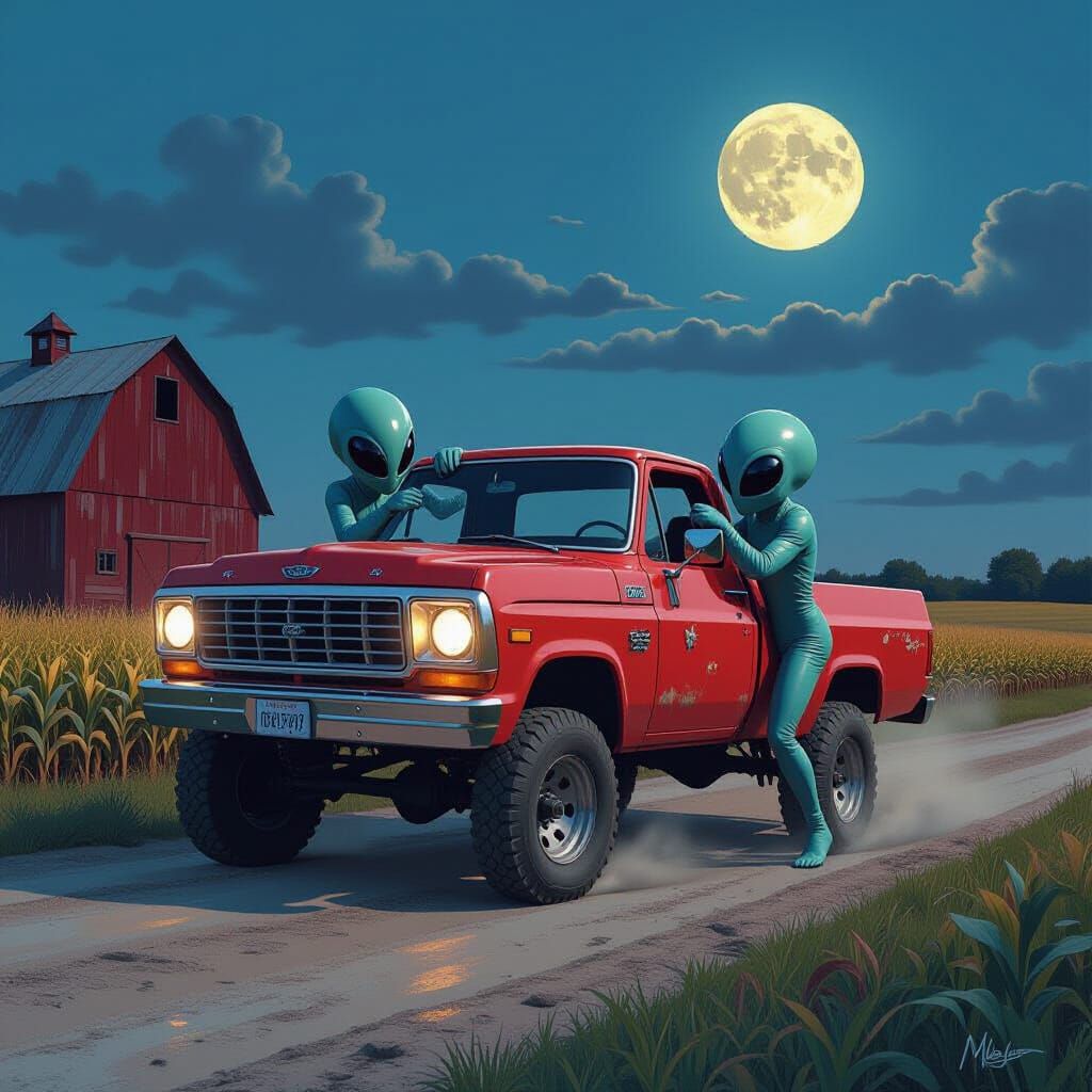 Aliens Struggle to Steal a Farmer's Truck at Dusk