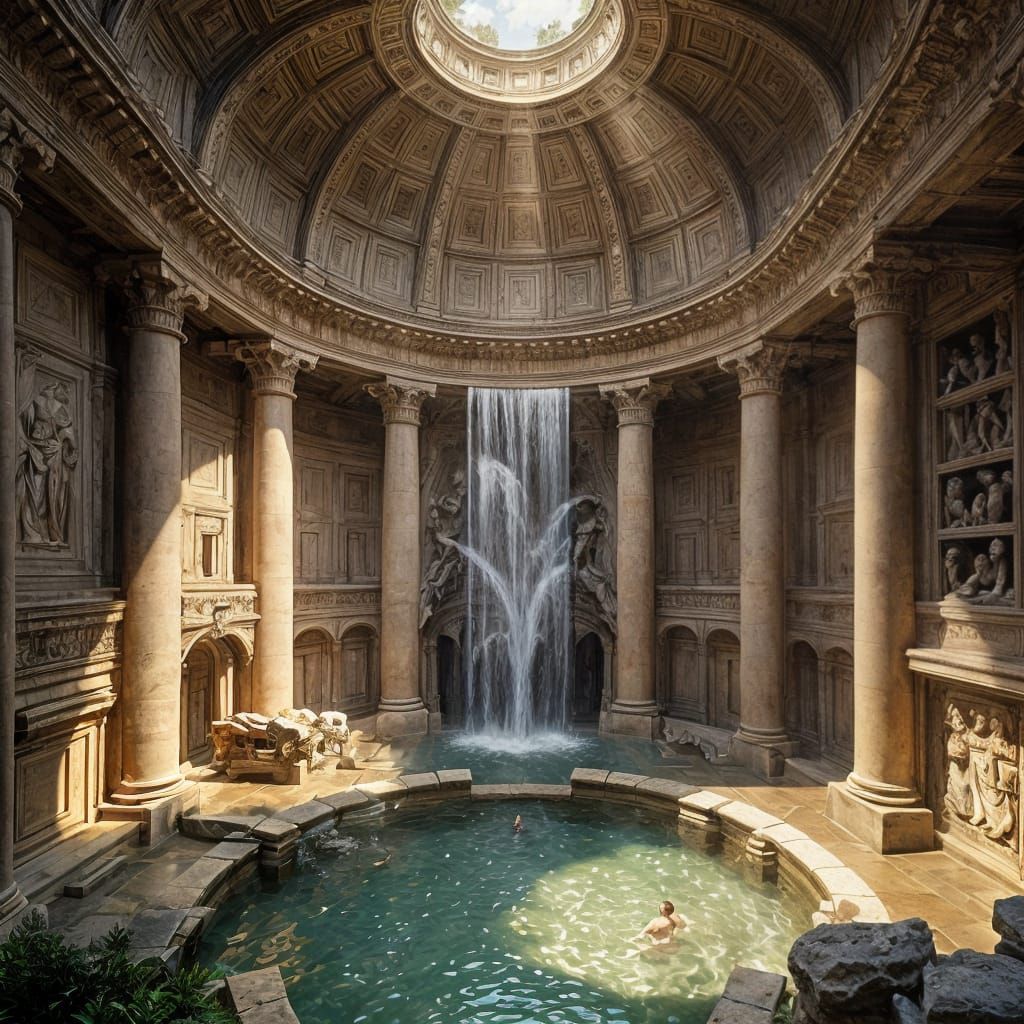 Hidden Waterfall in Ancient Roman Bathhouse