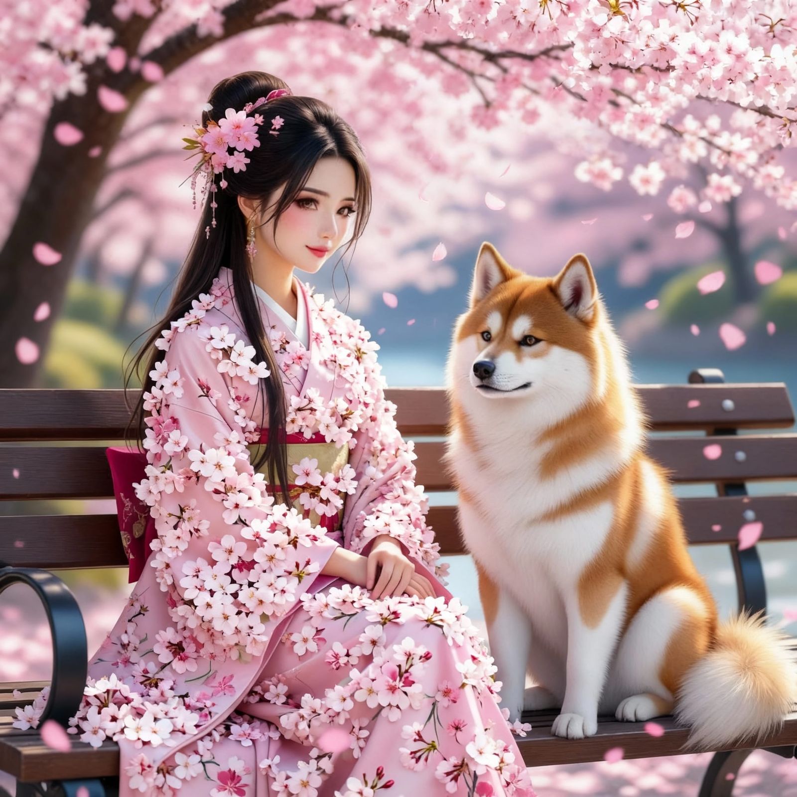 Japanese Woman With Sakura Flowers and Akita Inu