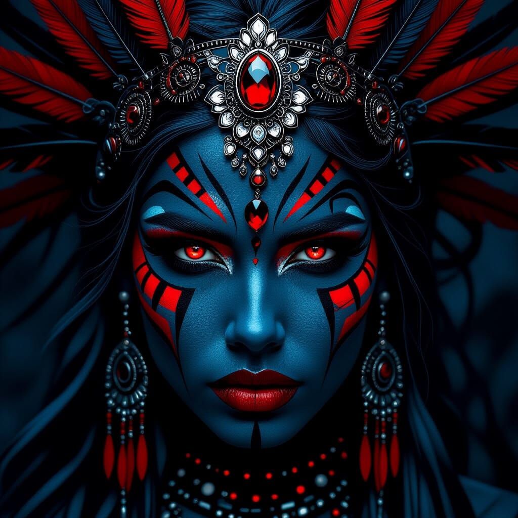Fantasy Woman with Red Markings in Photorealistic Style