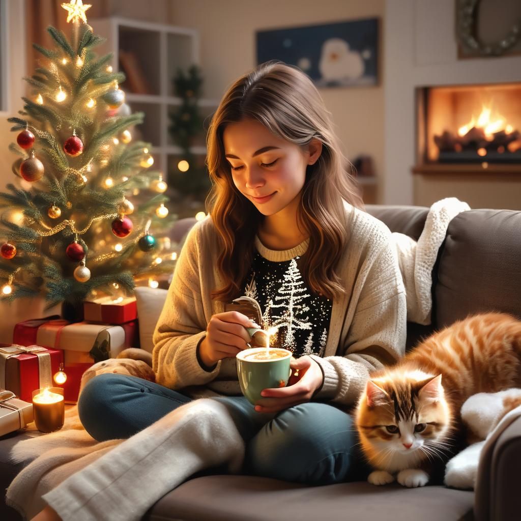 Cozy Christmas Living Room in Oil Painting Style