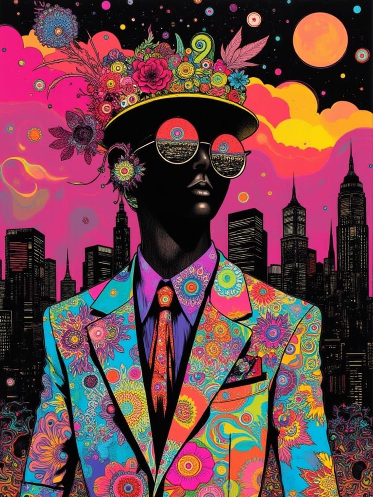 Psychedelic Reefer Man in a Neon Cityscape