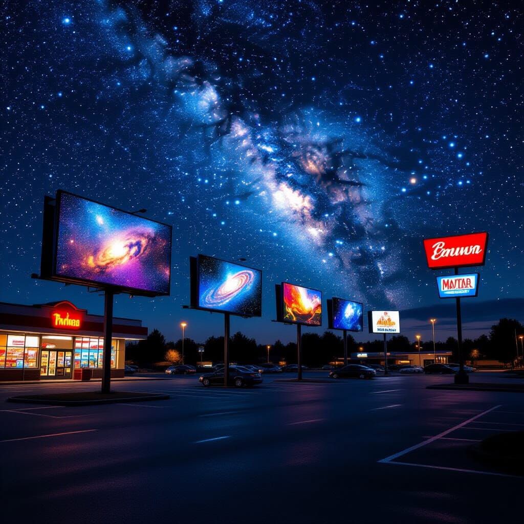 Rural Roadside Billboards with Cosmic Night Skies