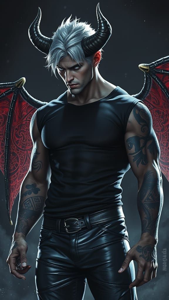 Surreal Demon in Human Form, Radiant Eyes, Intricate Tattoos