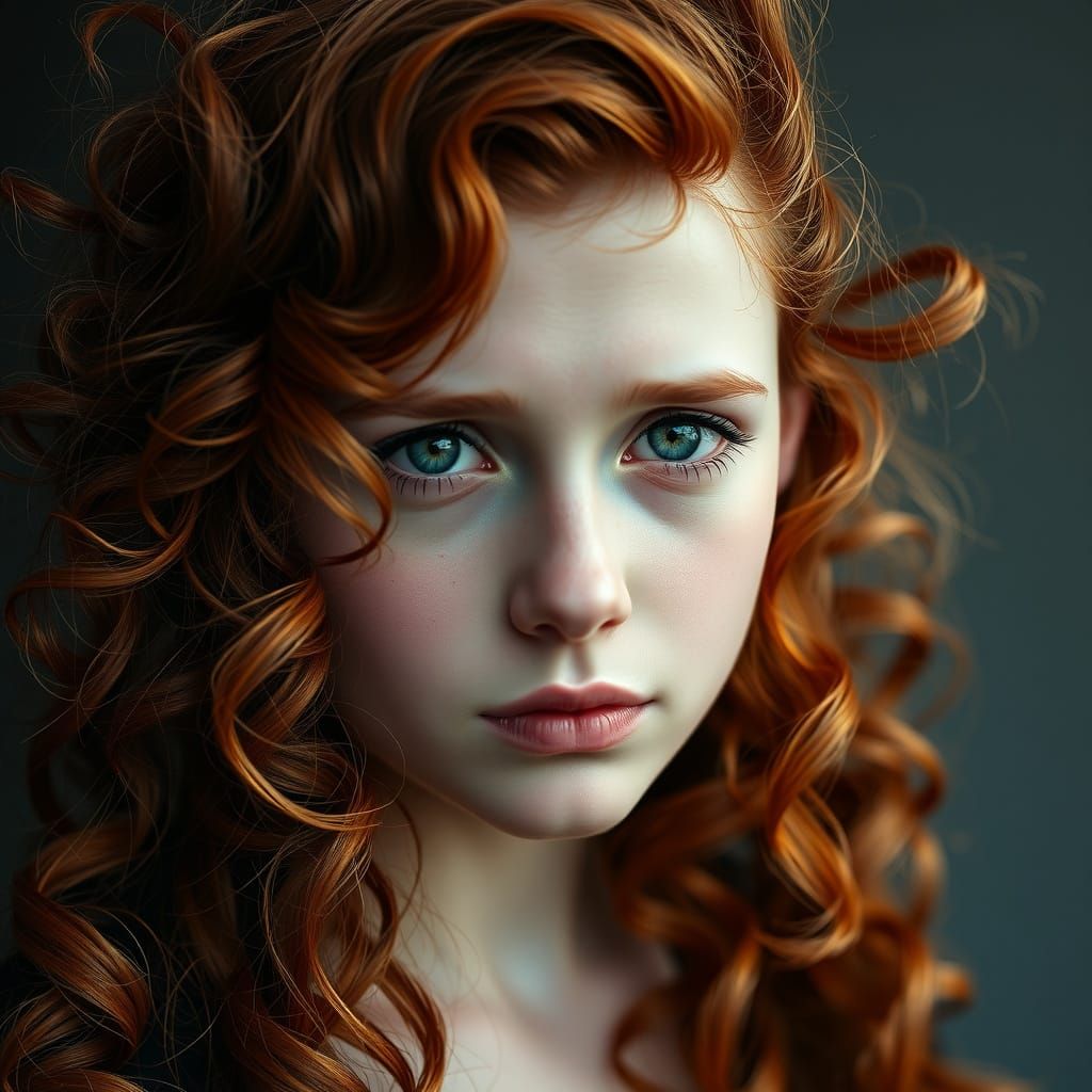 Sad Redhead Woman with Green Eyes Portrait