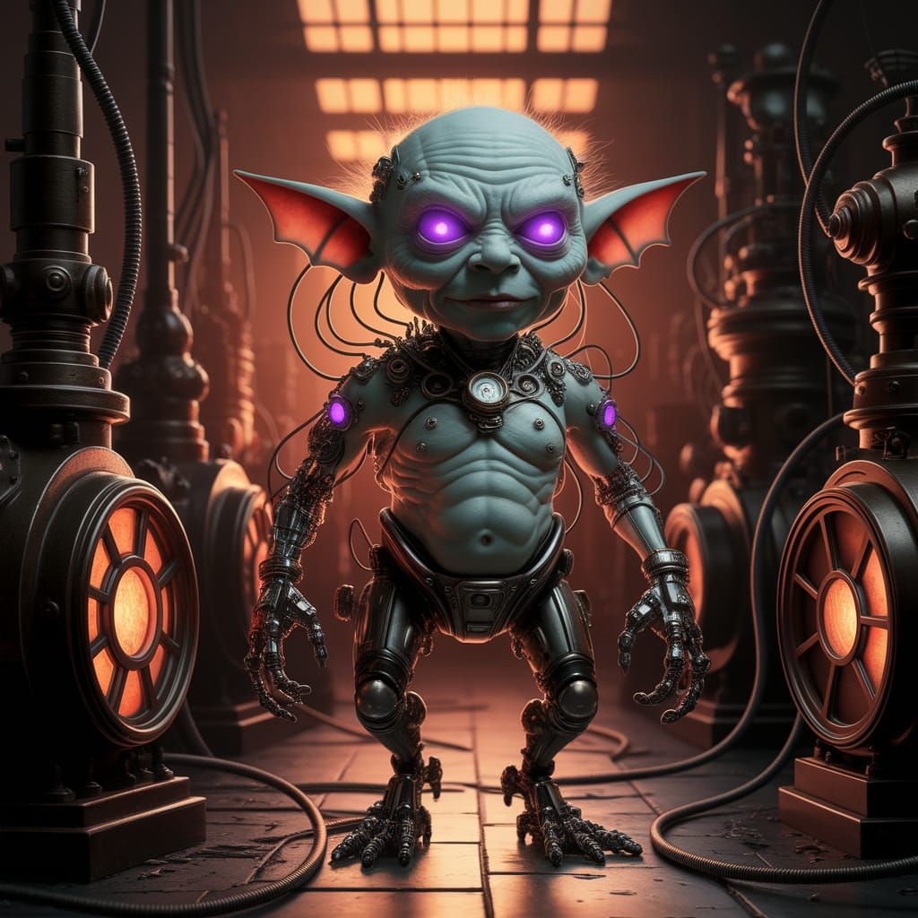 Gothic Cyborg Goblin in Steampunk Industrial Setting
