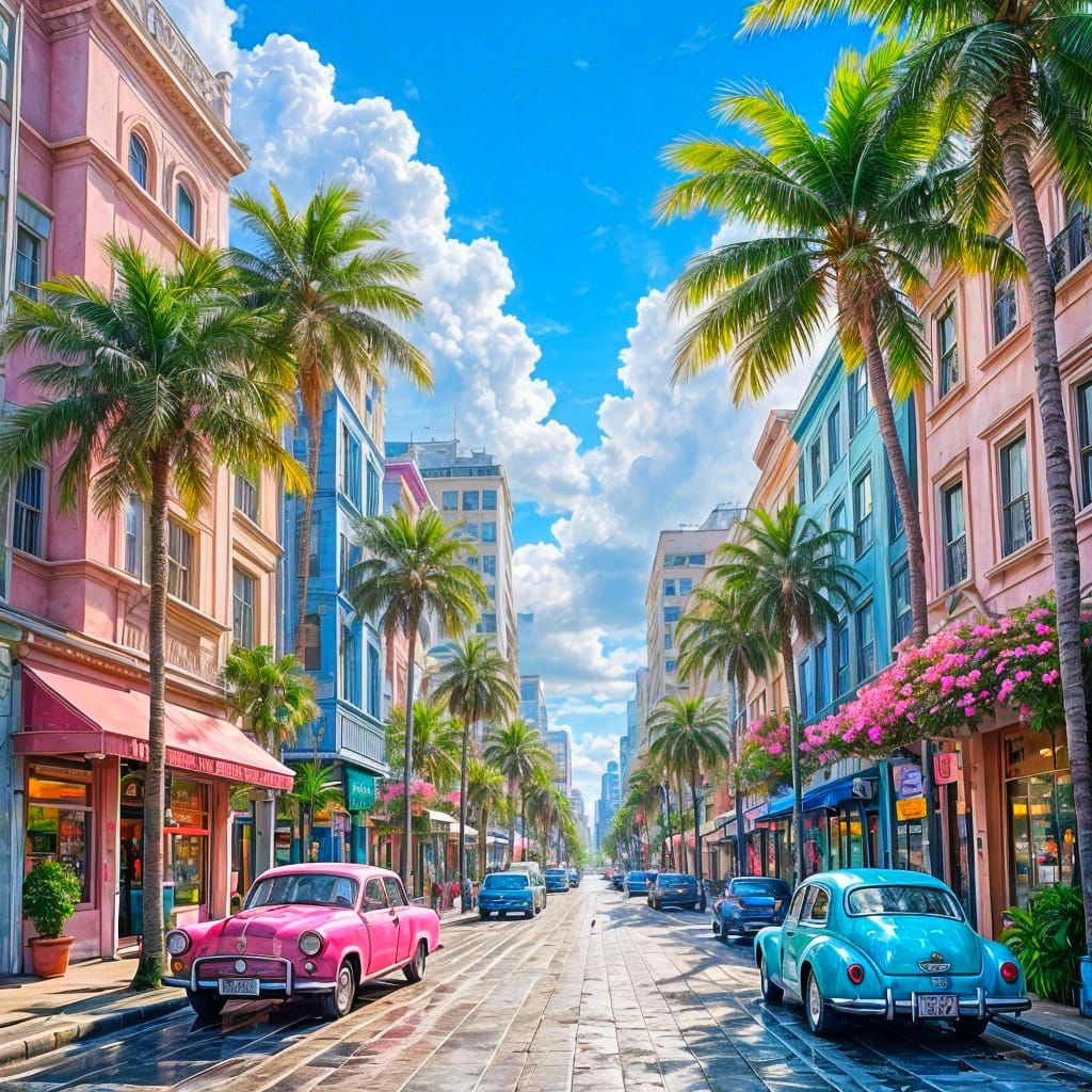 Vibrant Cityscape with Pastel Buildings and Tropical Element...