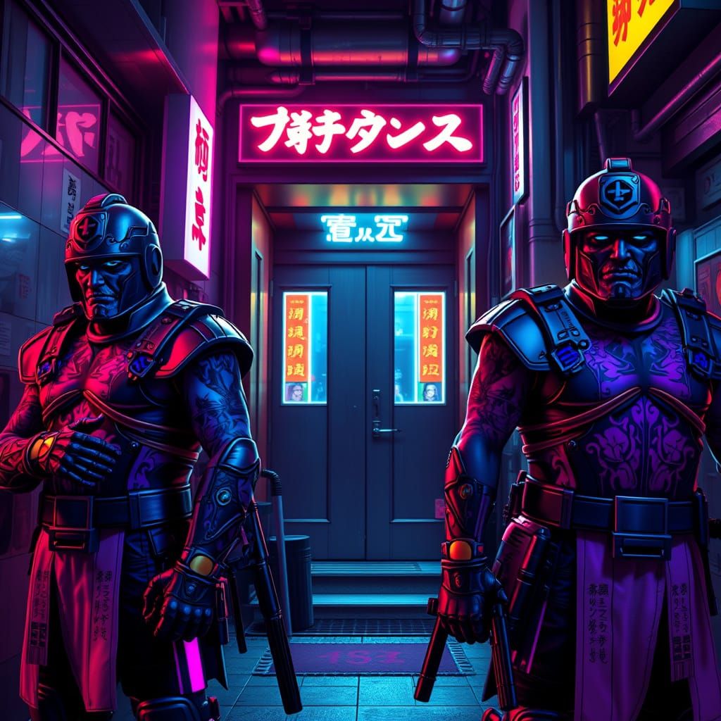 Neon Yakuza Guards in Futuristic Neo-Tokyo