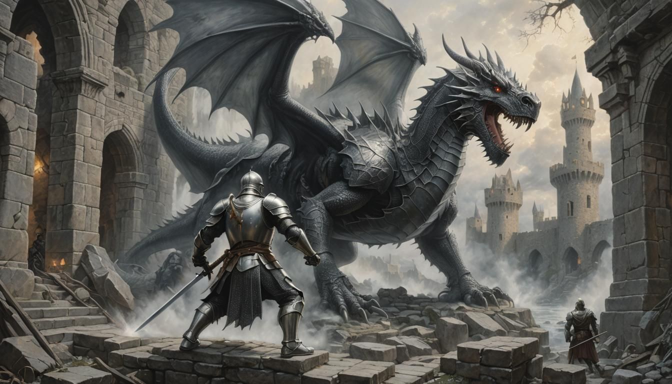 Knight Battles Dragon: Graphite Drawing in Ruined Castle