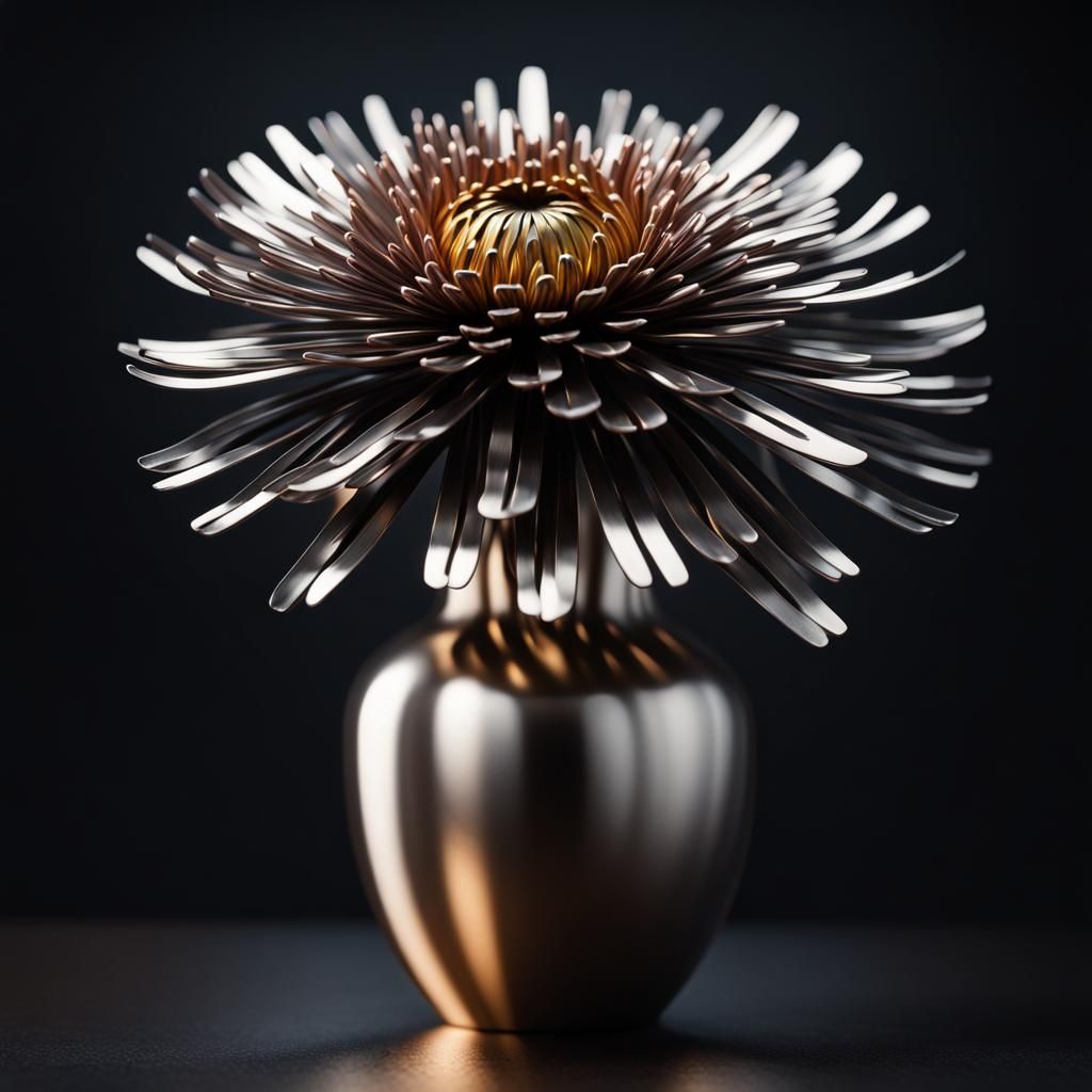 Metallic Aster Sculpture in Vase, High Contrast Lighting