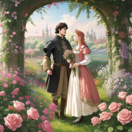 Whimsical Medieval Couple in a Vibrant Rose Garden
