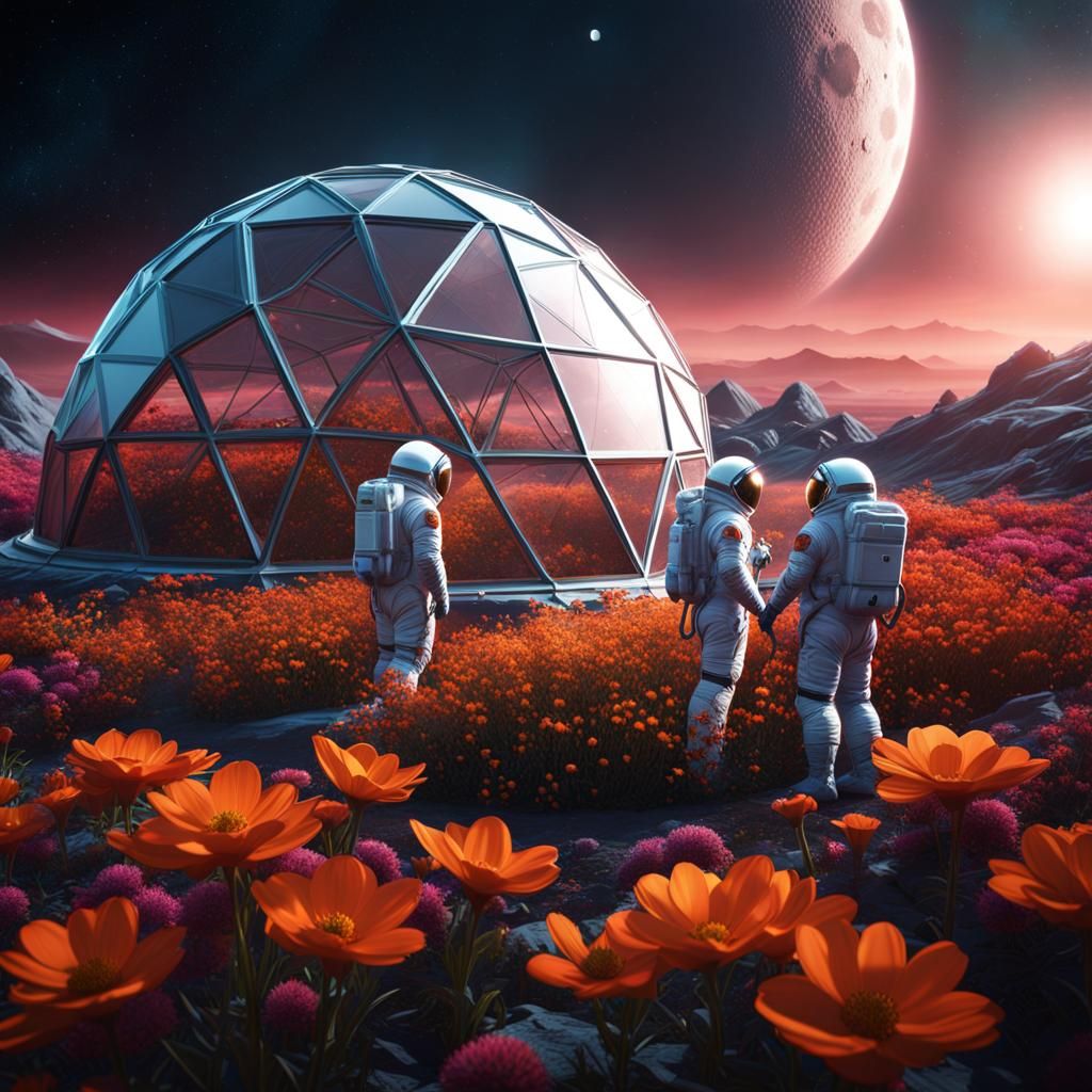 Astronauts Tend Lunar Flowers in Geodesic Dome