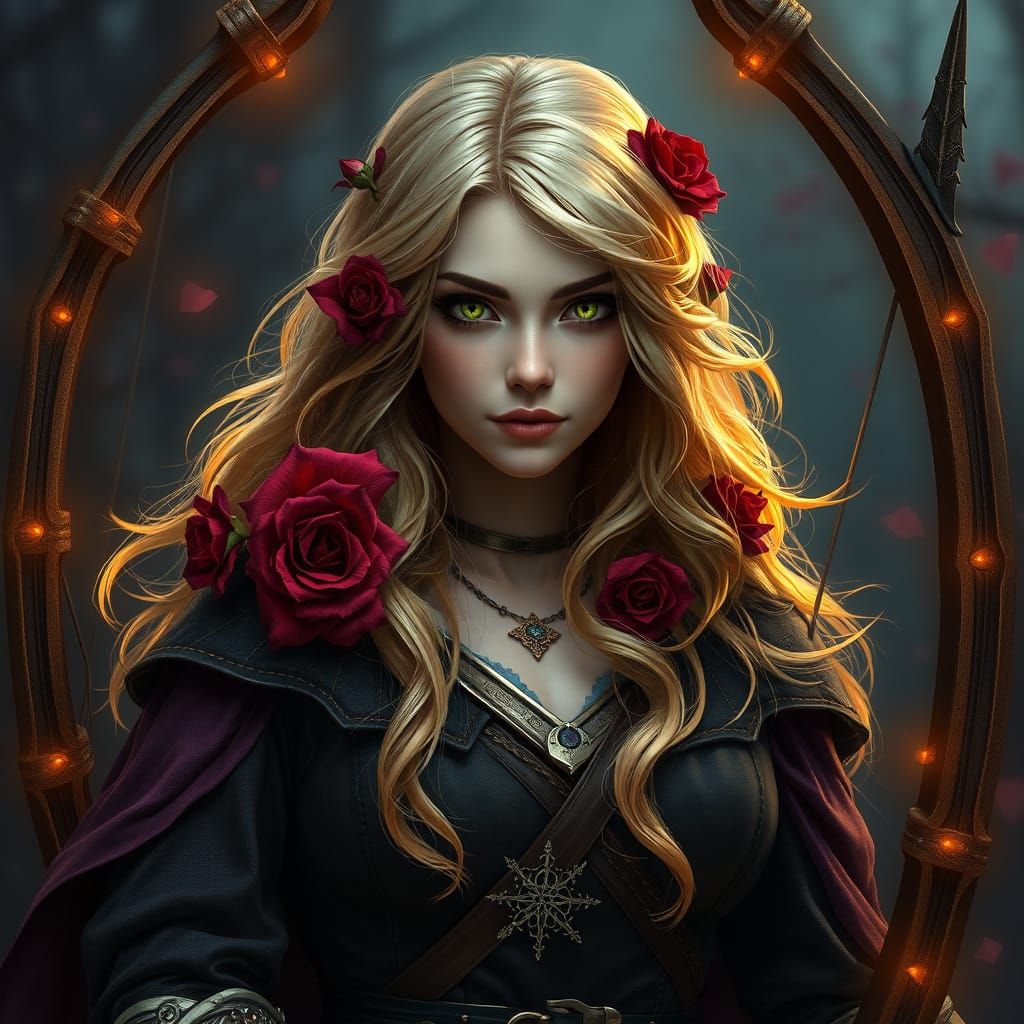 "eune archère avec un arc et des flèches belle et courageuse mysterieuse avec des rose rouges foncées dans ses cheveux b...
