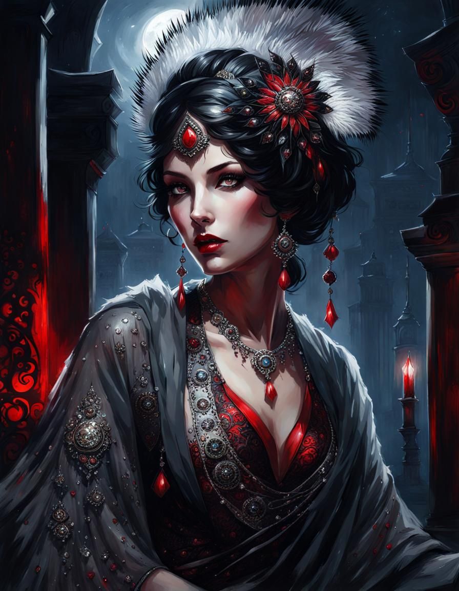 Pretty Tatar Woman in 1920s Ink Painting